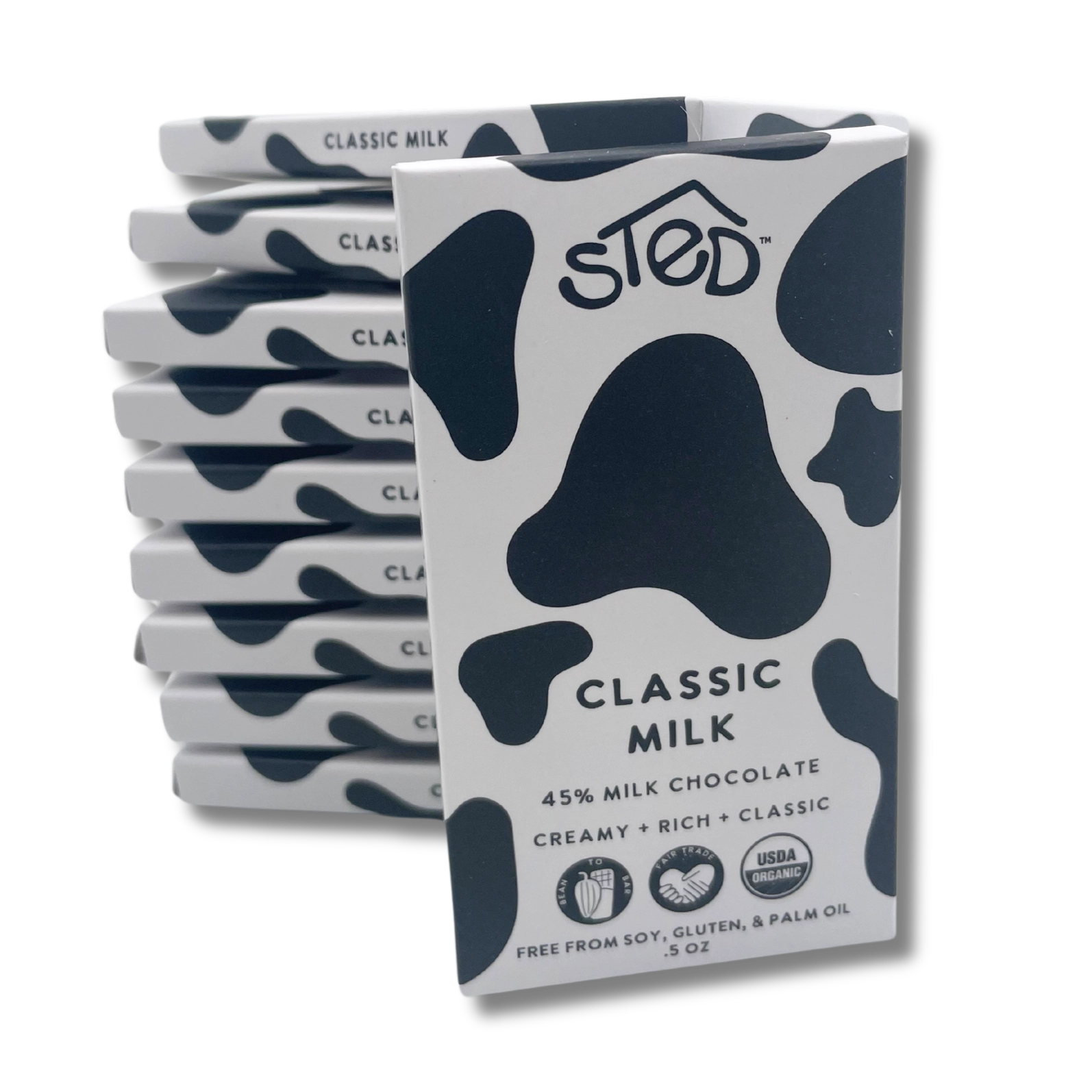 Packaging of Sted Classic Milk chocolate bars with cow pattern