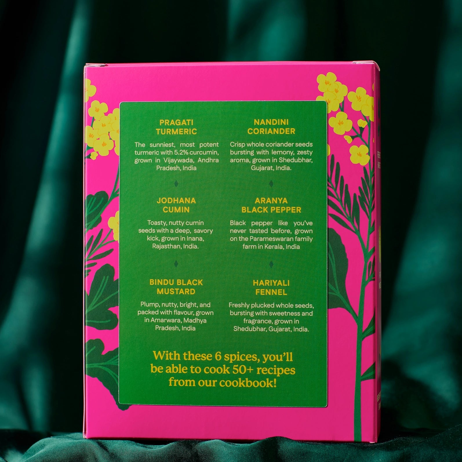 Spice set packaging with green label on a pink background