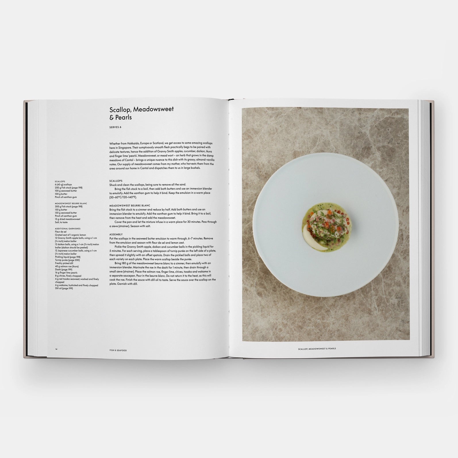 Open book showing a recipe with a photograph of a dish on a white plate.