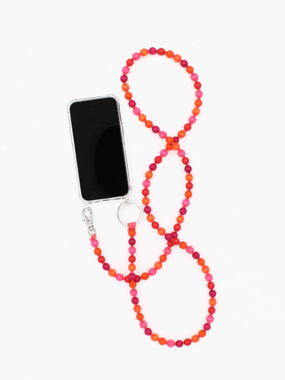 phone necklace of pink and orange beads and phone