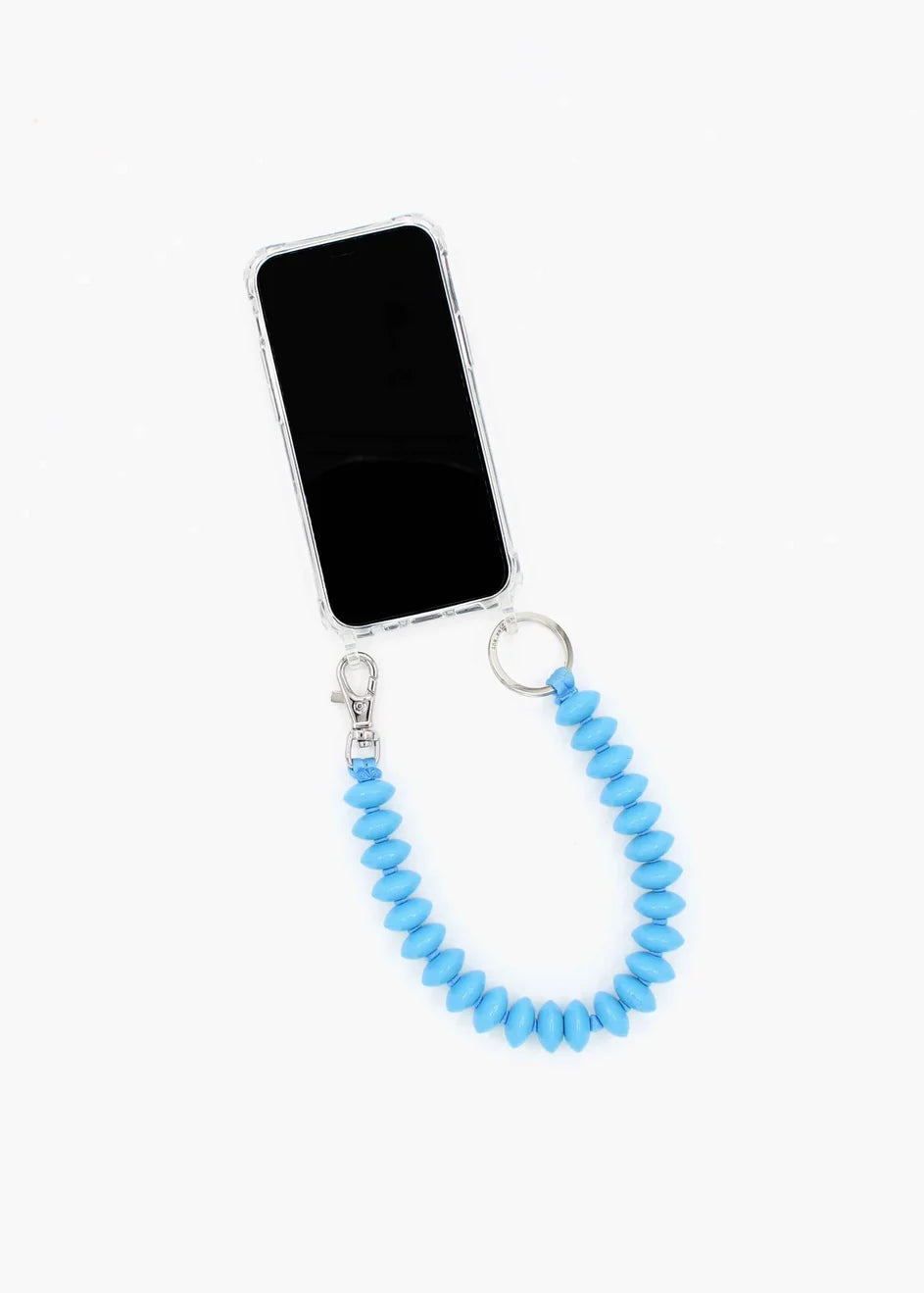 Phone case with blue beaded chain on a white background
