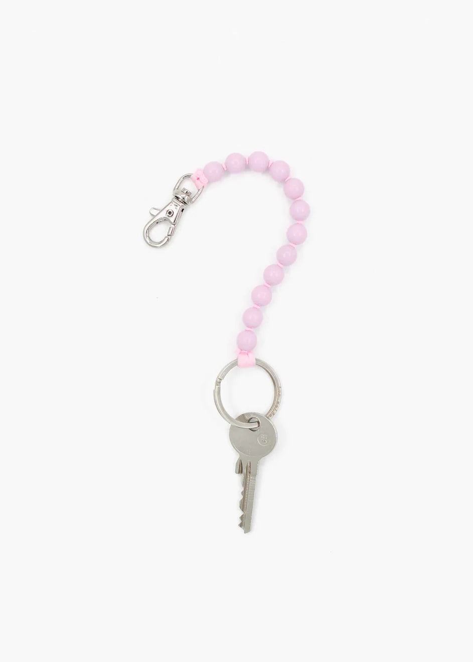 Keychain with pink beads and a key on a white background