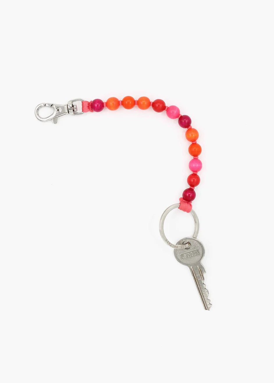 A beaded keychain featuring vibrant red, pink, and orange round beads, a silver lobster clasp, and a keyring with a silver key, shown on a plain white background.