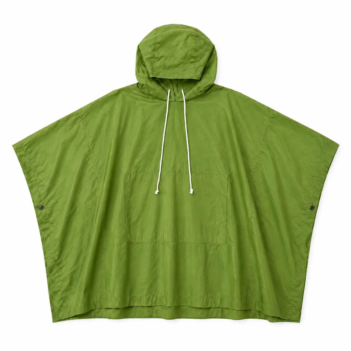 An olive green hooded rain poncho with white drawstrings and a front pocket, laid flat on a white background.
