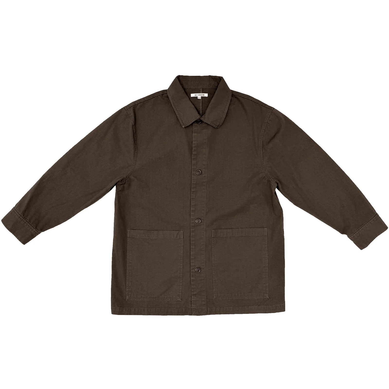A dark brown long-sleeve utility jacket with a button-up front, pointed collar, and two large front patch pockets, laid flat on a white background.