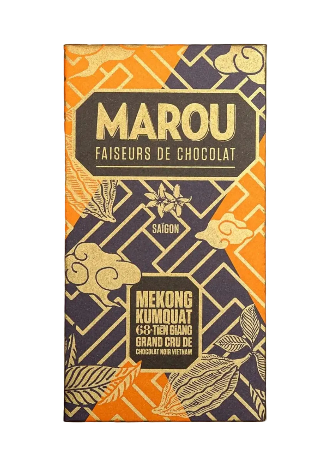 Marou chocolate packaging with decorative patterns on a beige background