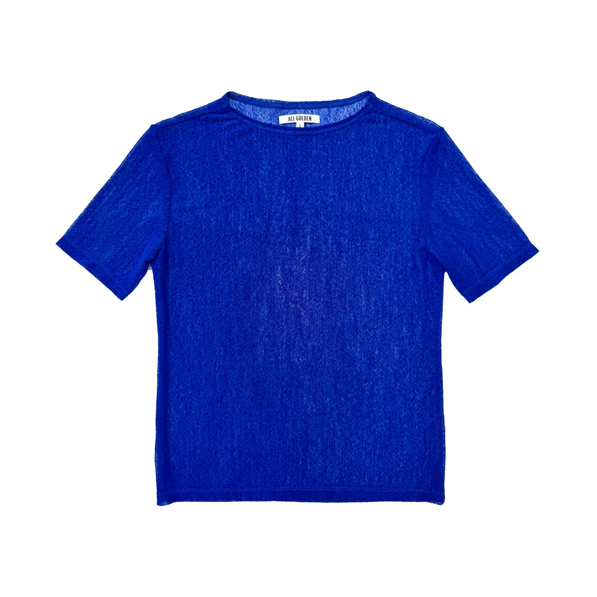 A vibrant royal blue short-sleeve knit t-shirt with a textured, open-knit pattern, laid flat against a solid white background.