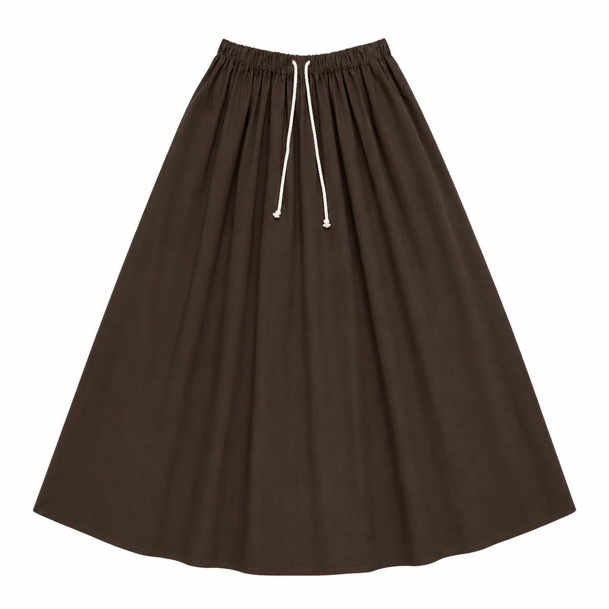 A dark brown A-line skirt with an elastic waistband and white drawstrings, shown flat against a solid white background.