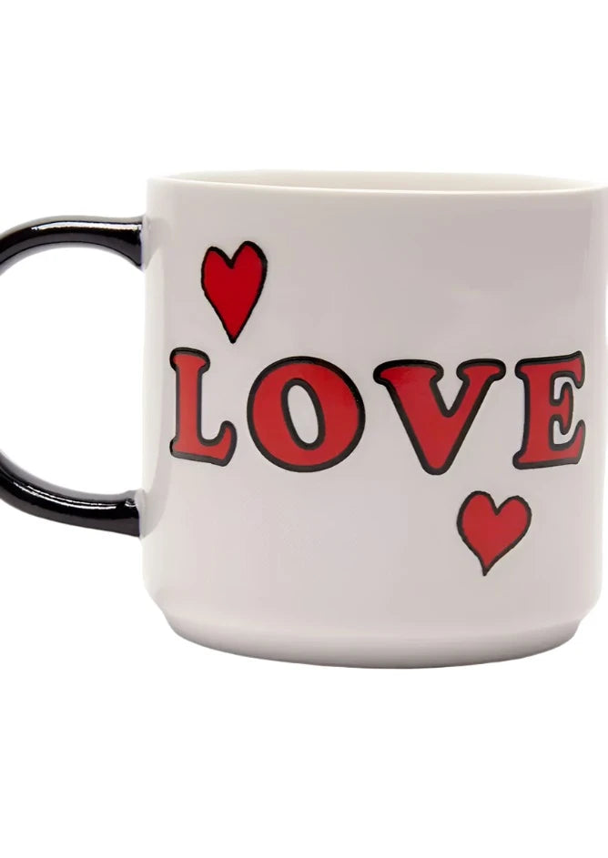 mug reads, "love," with red hearts